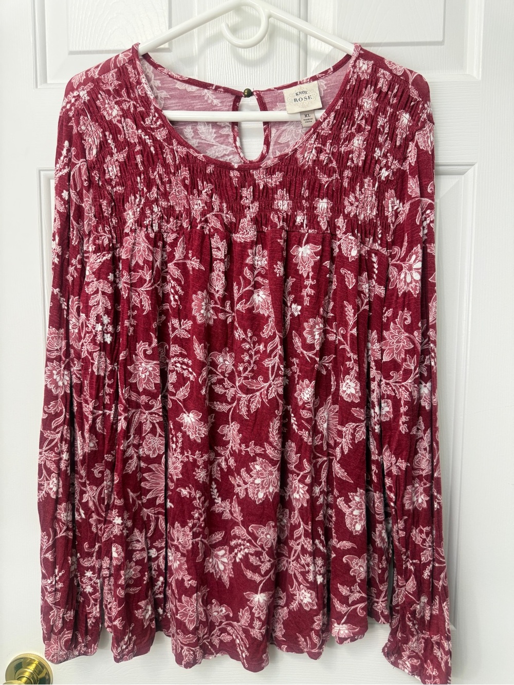 Knox Rose Red Floral Smocked Yoke Blouse